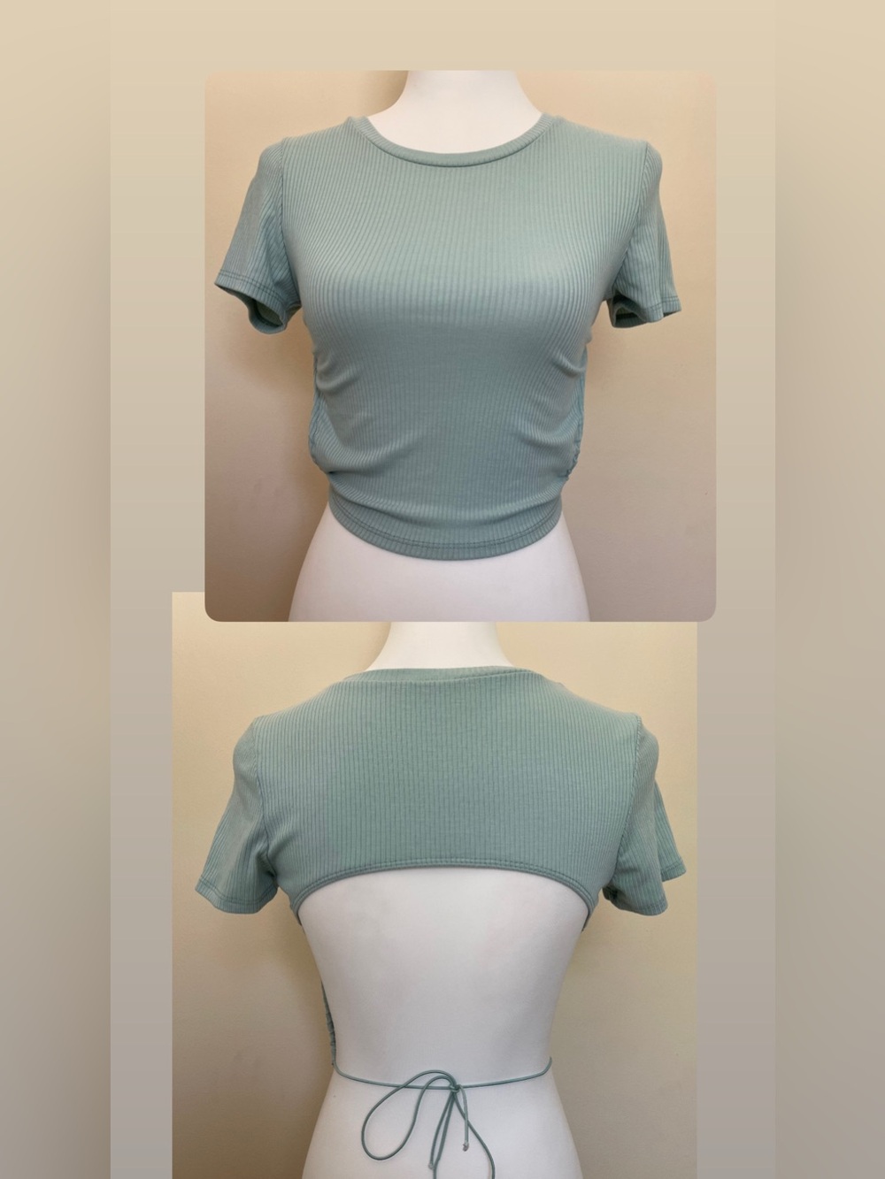 Timing Sage Green Ribbed Open Back Tie Crew Neck Crop Top, Size XS